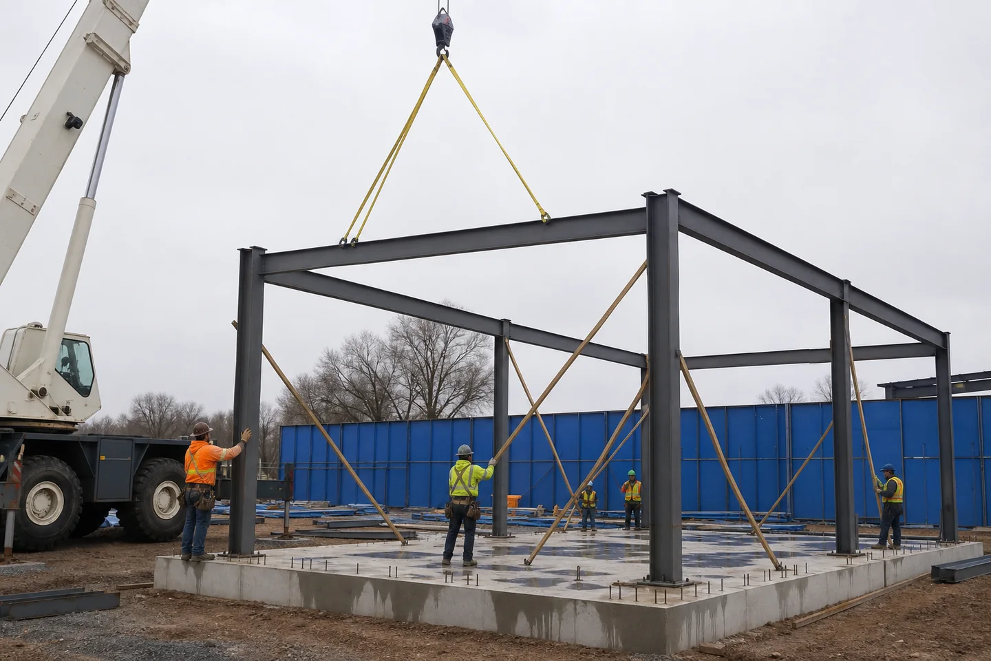 Steel building erection crew setting a full-width rigid frame