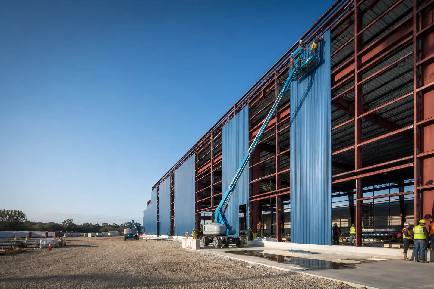 Steel crew erecting a metal building frame on an active jobsite