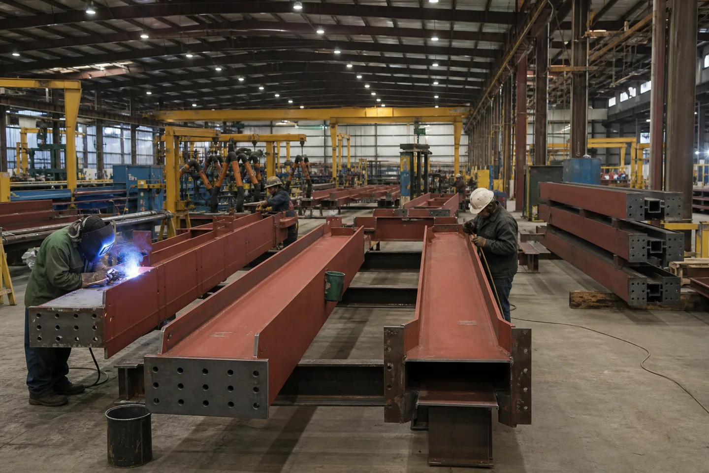 Red-iron steel building frames being fabricated for delivery